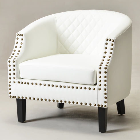 Louis Faux Leather Tufted Club Chair - White Accent Chair | Decorative Accent Chairs | Kinwell Furniture | Modern Club Chairs | Barrel Club Chair | Nailhead Trim Chair | Contemporary Faux Leather Chair | Elegant White Chair